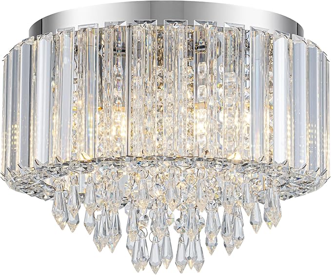 HOPGGIE 11.8 Inch Crystal Chandelier Modern Chandelier Light Mini Chandelier Semi Flush Mount Ceiling Light Fixture Small Chandelier for Bedroom Hallway Kitchen Foyer Closet (Chrome)