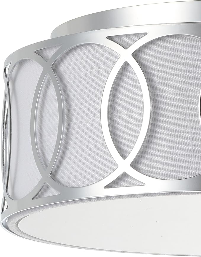 JONATHAN Y 12.25" Chrome 2-Light Modern Metal LED Flush Mount Ceiling Light for Bedroom Hallway, White Linen Drum Shade with Geometric Fretwork, LED Bulbs Included (JYL3502B)