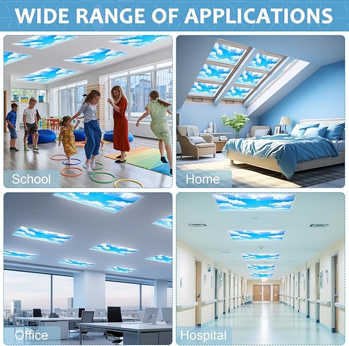 QOUBAI 6PCS Fluorescent Light Covers, 4x2 Feet Magnetic Light Cover Fluorescent Lights Shade Panel Positive Inspirational Ceiling Lights Filters for Office Classroom Home Drop Ceiling Blue Sky