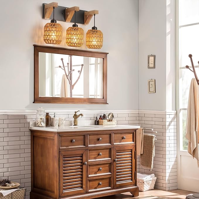 3-Light Bathroom Vanity Light Fixtures, Rustic Style Rattan Bathroom Wall Sconce with Handmade Bamboo Woven Boho Wicker Lampshade, Farmhouse Wooden Bracket, Suit for Stairway Bedroom and Hallway