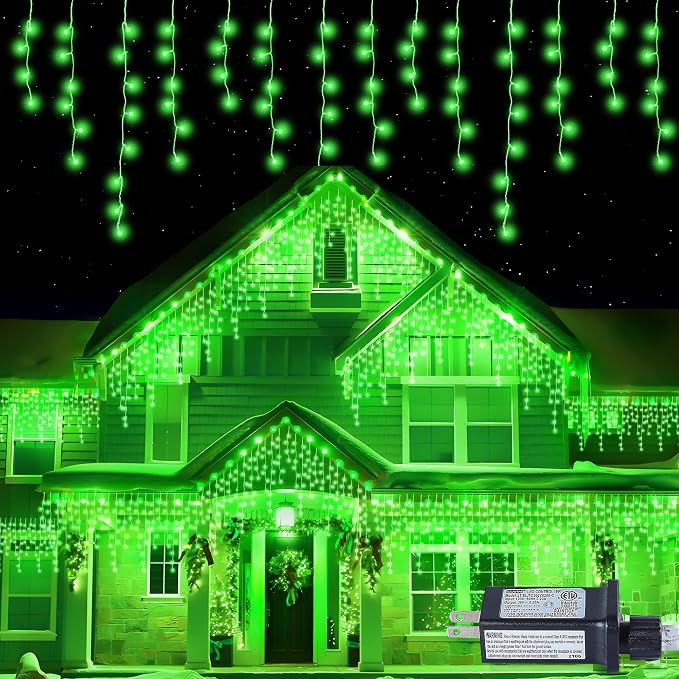 300LED Icicle Lights for Outside,Green Curtain Lights for St Patrick Day,8 Modes with 30V Plug in for Wedding, Party,Bedroom,Home,Garden,Outdoor,Indoor Wall,Christmas Decorations,Connectable