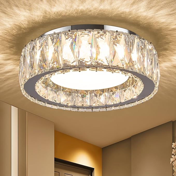 Dimmable Crystal Modern LED Flush Mount Ceiling Light,Chrome 11 Inch Small Chandelier 24W 5CCT 3000K-6000K Hallway Close to Ceiling Light Fixtures for Kitchen,Entryway,Laundry Room,Bedroom