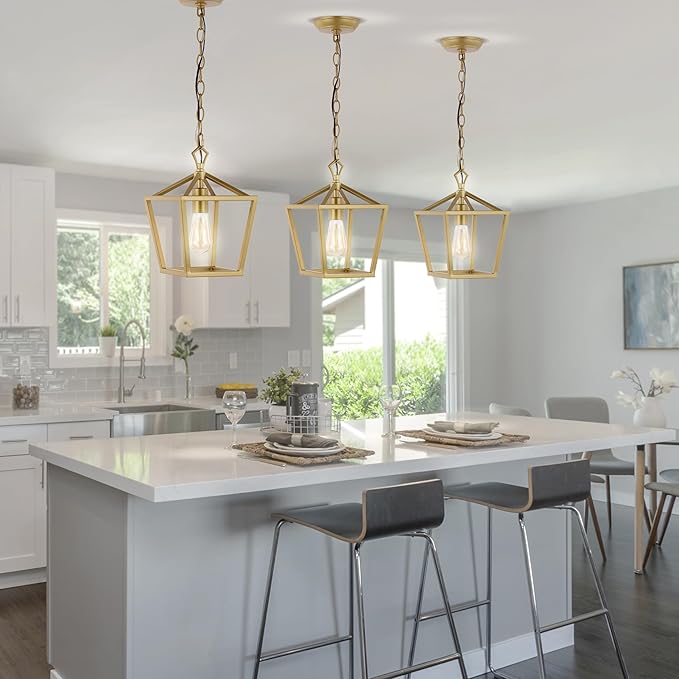 JONATHAN Y 8" Gold Painting Lantern Pendant Light, 1-Light Pagoda Style Metal Cage Farmhouse Hanging Ceiling Fixture for Kitchen Island, LED Bulb Included (JYL7618B)