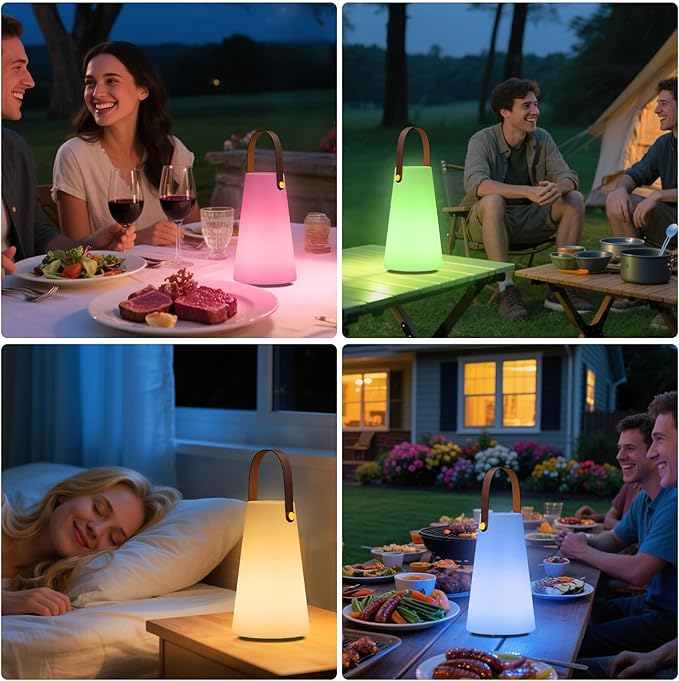 Outdoor Lanterns, GGII Rechargeable Camping Lantern with IP44 Waterproof, Battery Operated Outdoor Portable Cordless Table Lamp with RGB Lights for Patio Balcony Garden (Leather Handle)