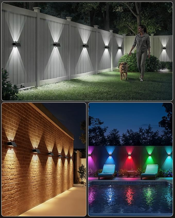 Bridika Solar Fence Lights, 8 Pack Up and Down Solar Lights Outdoor Waterproof, 8 Colors Lens LED Dusk to Dawn Wall Lights for Fence, Patio, Deck, Backyard, Garden