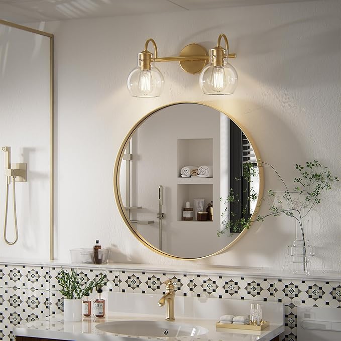 2-Light Gold Bathroom Light Fixture, Modern Bathroom Vanity Light Over Mirror Two Light Brushed Gold Vanity Lights for Wall Sconce Lighting, E26 Base,Gold