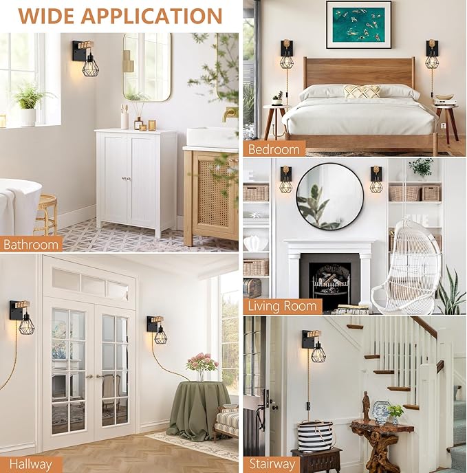 Lomoky Farmhouse Wood Wall Sconces with Plug in Cord, Black Wall Sconces Set of Two, Wall Lamps that Plug into Wall Outlet, Vintage Sconce Lighting Wall Decor for Bedroom Living Room, with 5.58FT Cord