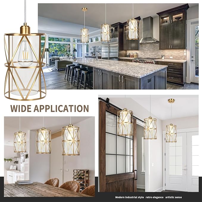 Brushed Gold Pendant Light, 7"×10" Dual-Shade Kitchen Island Lighting with Clear Glass Shade, E26 Adjustable Height 1"-61", UL Listed, for Dining Room Foyer Entryway — Bulbs Not Included