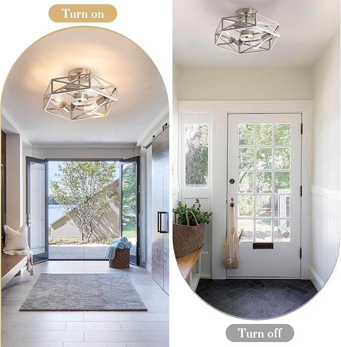 2 Pack Close to Ceiling Light Fixtures, 3-Lights Cage Flush Mount Ceiling Light, 14.5 Inch Brushed Nickel Semi Flush Mount Ceiling Light for House Bedroom Laundry Hallway Kitchen