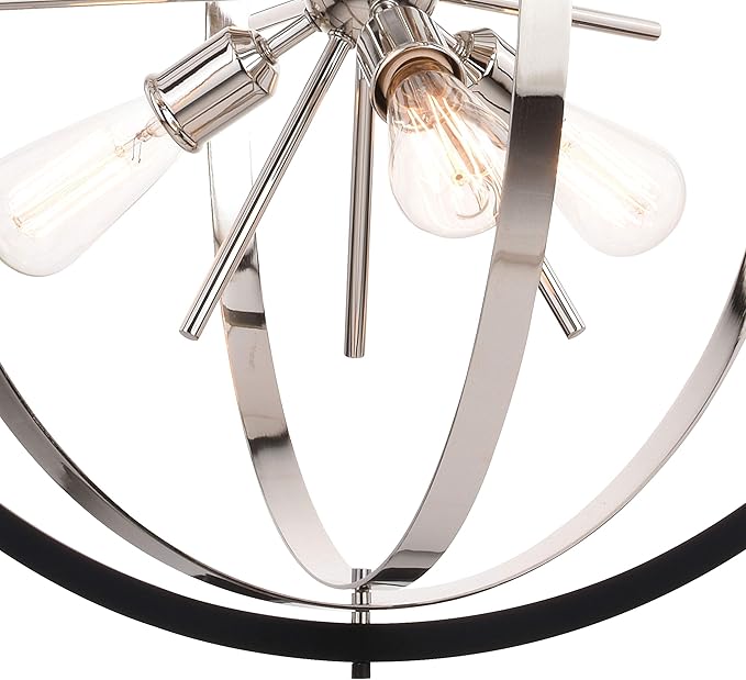 VAXCEL Estelle 26.75-in Polished Nickel and Black Mid Century Modern 6 Light Globe Sputnik Hanging Ceiling Pendant Chandelier