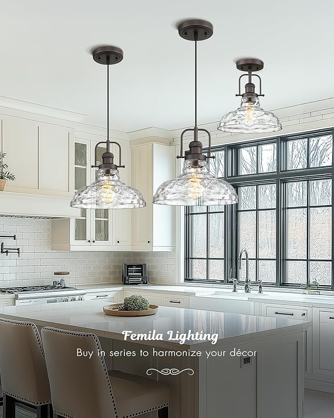 FEMILA 11" Farmhouse Flush Mount Ceiling Light Fixture, Semi Flush Kitchen and Bedroom Ceiling Light with Water Ripple Glass Shade, Oil Rubbed Bronze, Rustic Industrial Lighting, 4FY09-F ORB-WG