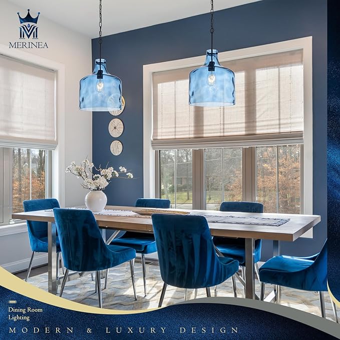 Farmhouse Pendant Light – Hand-Blown Blue Hammered Glass Shade, Black Finish, E26 Socket, Adjustable Chain Hanging Light Fixture for Kitchen Island, Dining Room & Hallway, 15" H x 12" D