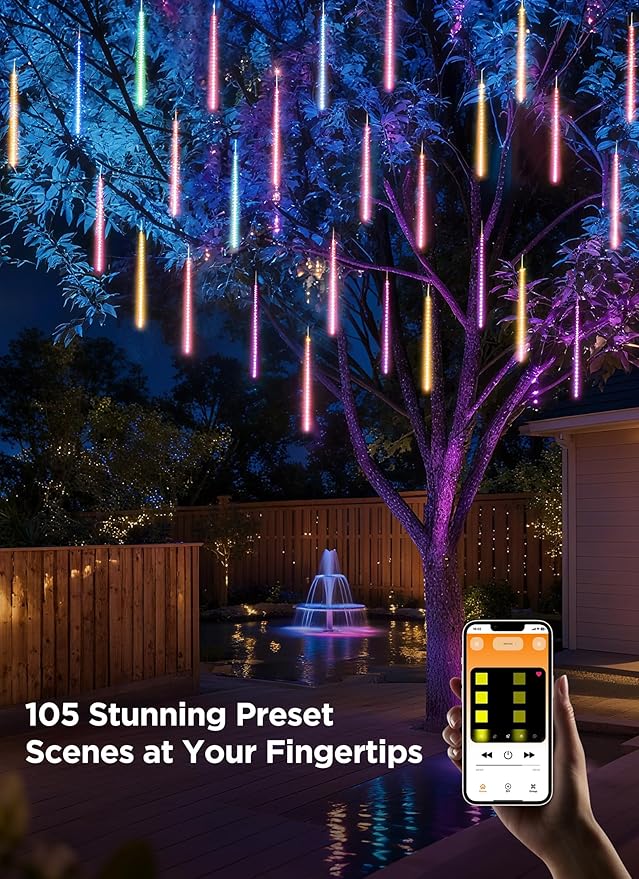 Smart Meteor Shower Lights Outdoor, 16Tube 256LED 24.6ft Color Changing Dripping Icicle Christmas Lights for Outdoor Outside, APP Controlled RGB Customize Display DIY Dynamic Lighting Effec