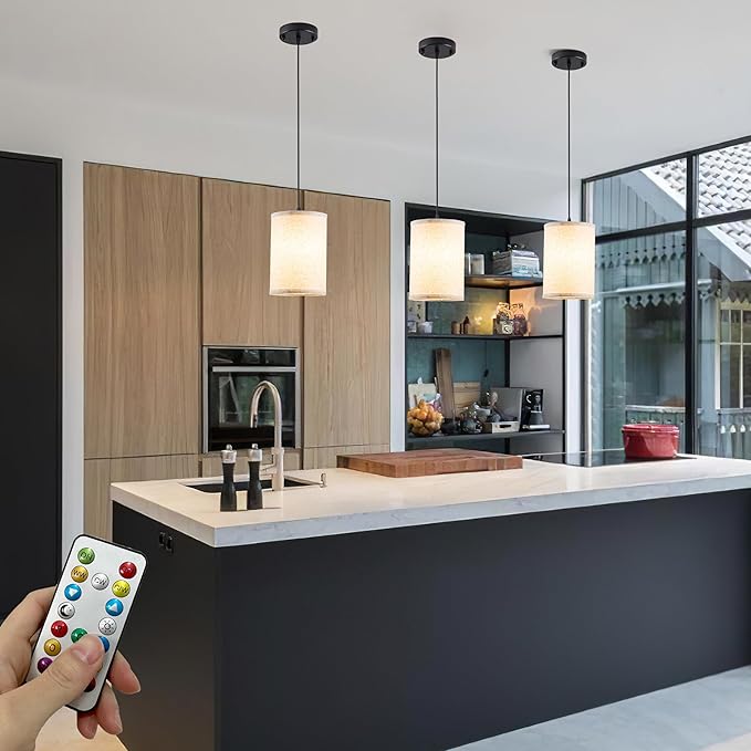 Battery Operated Pendant Light with Remote,Fabric Pendant Lights Kitchen Island 3 Pack No Hardwired,Cordless Hanging Lights for Living Room with 50hrs+Long Life Rechargeable Light Bulbs