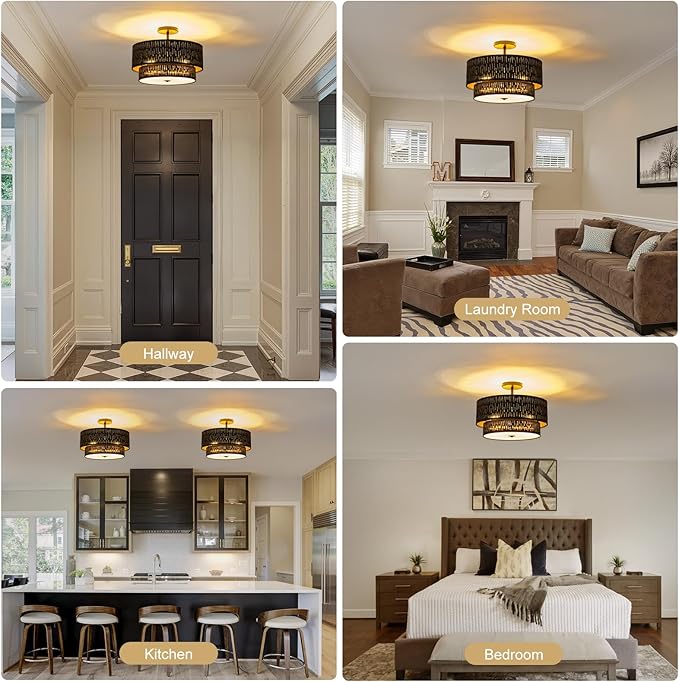 Drum Semi Flush Mount Lighting Fixture, Modern Semi Chandeliers, 2 Tier Fabric Ceiling Light, Black Fabric Shade 3-Light for Kitchen Island Bedroom Hallway Foyer, E26, W16xH12