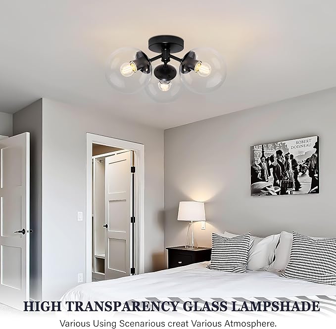 3-Light Modern Black Semi Flush Mount Ceiling Light Clear Glass Globe Ceiling Lights Mid Century Black Chandelier 3 Light Sputnik Ceilings Lights Fixture for Bedroom Hallway Entryway