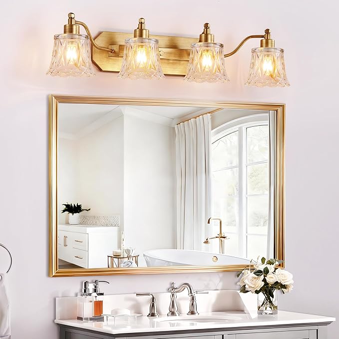 Gold Bathroom Light Fixture, 4 Light Brass Vintage Vanity Light, Antique Gold Finish with Crystal Glass Shade, Antique Brushed Gold Vanity Lights for Bathroom/Bedroom/Hallway