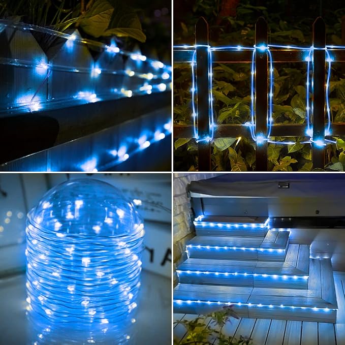 Jnaurb Solar Rope Lights, 66ft 200LED Solar String Lights, 8 Modes Waterproof Solar Outdoor Light, Flexible Clear Trampoline Light for Garden Backyard Patio Deck Porch Pool Tree Decor - Blue
