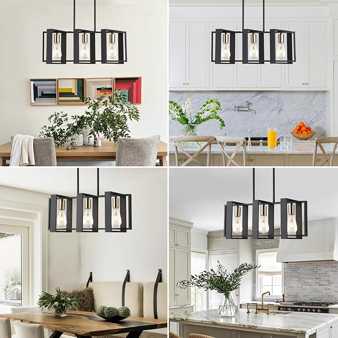 23.6" Island Lighting,3 Lights Dining Room Chandelier, Linear Kitchen Island Lighting for Pool Table Living Room, Foyer Hallway,E26, Black Wood Frame