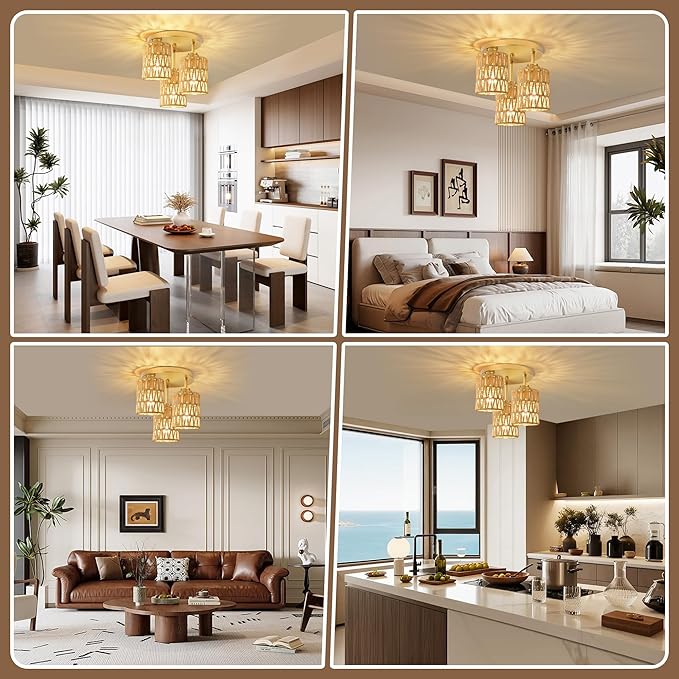 hykolity 3-Light Semi Flush Mount Ceiling Light Fixture, Boho Farmhouse Light Fixtures Ceiling Mount with Hand Woven Rattan Shade, Gold Ceiling Lighting for Kitchen, Bedroom, Entryway, Hallway, ETL