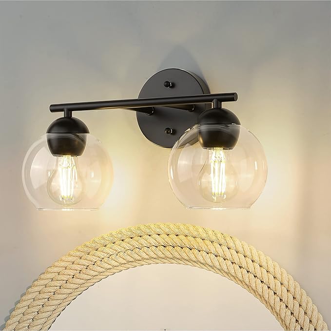 Emak 2-Light Black Bathroom Light Fixtures Over Mirror, Globe Bathroom Vanity Lights with Clear Glass Shade, VL114-BKL-2