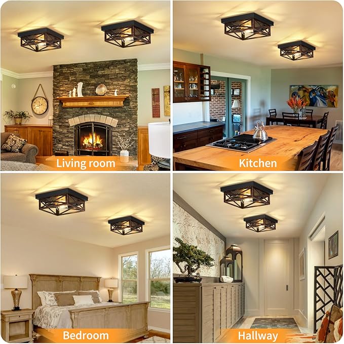 ZHU YAN Flush Mount Ceiling Light,2-Light Farmhouse Light Fixtures,Square Hallway Light Fixtures,Rustic Black Ceiling Light Fixture for Kitchen Hall Entryway Hallway (2 Pack)