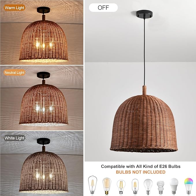 17" Farmhouse Rattan Chandelier 3-Lights Boho Wicker Pendant Lights Hand Woven Bamboo Dining Room Light Coastal Hanging Lighting Fixture for Living Room Kitchen Island Bedroom eRestaurant Foyer