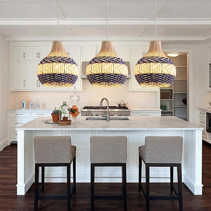 3-Pack Rattan Pendant Light Fixture 10.24" Blue White Hand-Woven Basket Fax Rattan Chandelier Boho Mini Wicker Hanging Lamp for Dining Living Bedroom Kitchen Farmhouse