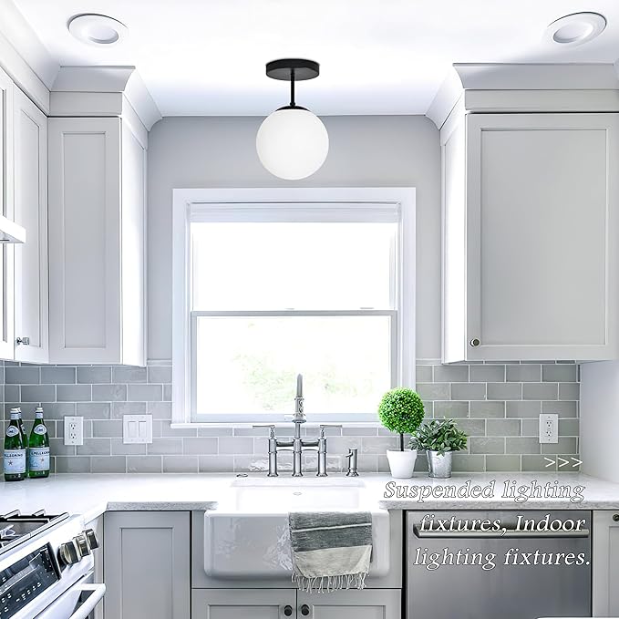 8" Black Semi Flush Mount Ceiling Light Fixture Milk Glass Globe Ceiling Light Fixtures Hallway Light Fixtures Mid Century Ceiling Lights Matte Black Finish for Entryway Foyer (Bulb Incl.)