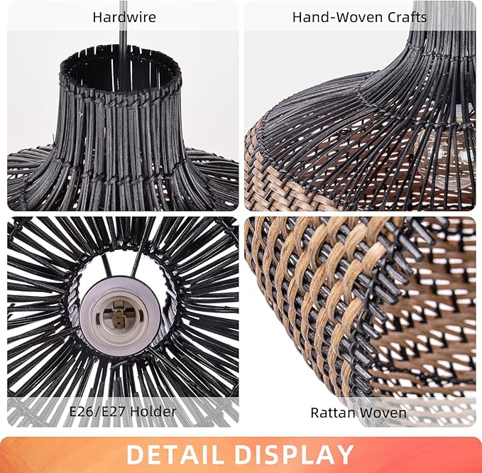 Arturesthome 1 Light Rattan Pendant Light Fixtures for Kitchen Island, 23.6" Wicker Chandelier, Handwoven Hanging Ceiling Lighting Lampshade for Dining Room Hallway Black