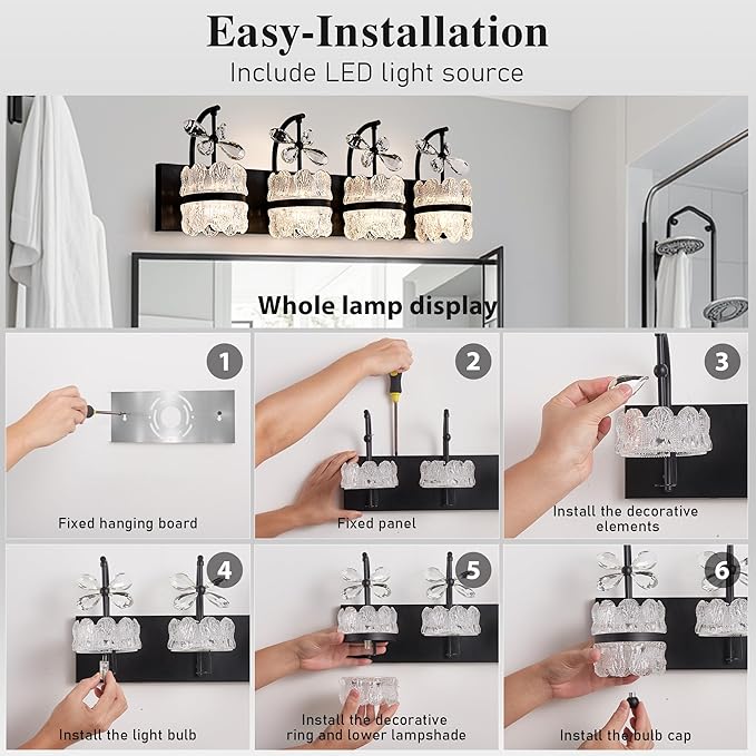 Bathroom Lights Over Mirror - Makeup Lighting Black - Bathroom Vanity Light with Acrylic Shades for Bath, Makeup Desk, Farmhouse, Hallway, 4-Light