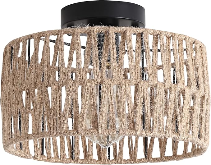 Coastal Woven Flush Mount Ceiling Light Fixture Rustic Industrial Hemp Rope Semi Flush Mount Ceiling Light for Hallway Bedroom Farmhouse Kitchen Entryway Hall, Black