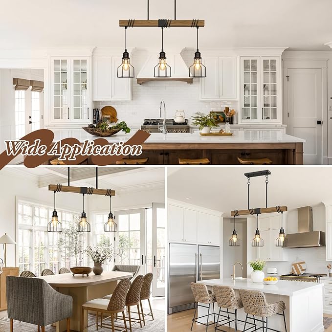 3-Light Kitchen Island Lighting, 63" Adjustable Height Pendant Light Fixtures Black Metal & Rustic Wood Modern Dining Room Linear Chandelier Over Table with E26 Base for Farmhouse Bar