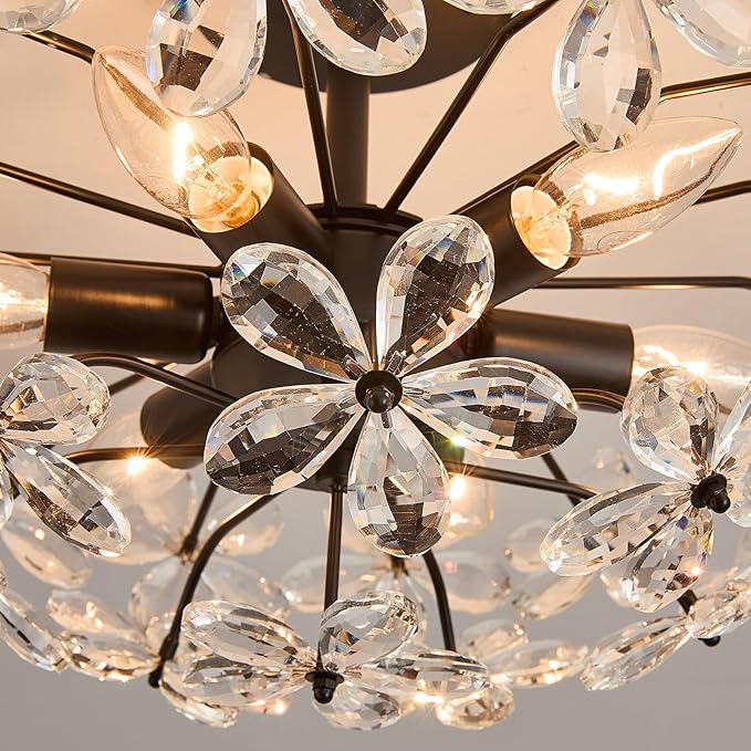Crystal Chandelier Modern Ceiling Light Semi Flush Mount Lighting Fixture Glass Chandelier for Living Room,Kitchen, Hallway,Dining Room (Black)