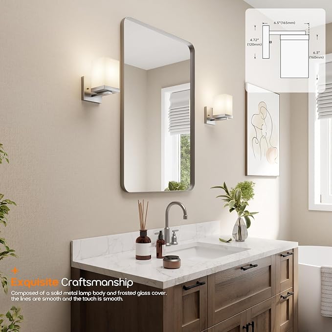 Bathroom Lighting Fixtures Brushed Nickel Vanity Lights with White Frosted Glass Shade, Wall Lamps Over Mirror for Bedroom Porch, 2 Pack T003BR-L1-P2