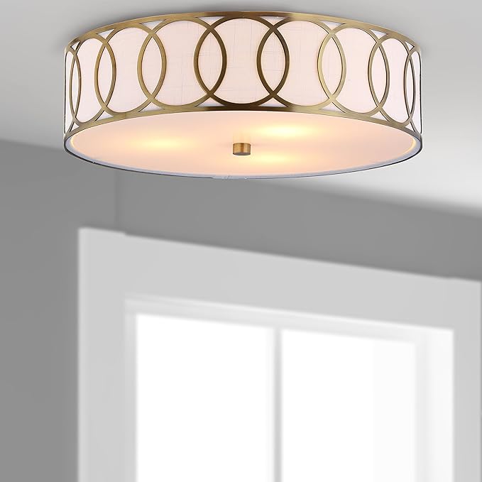 JONATHAN Y 15.5" Brass Gold Modern Metal LED Flush Mount Ceiling Light for Bedroom Hallway, White Linen Drum Shade with Geometric Fretwork, LED Bulbs Included (JYL3503A)