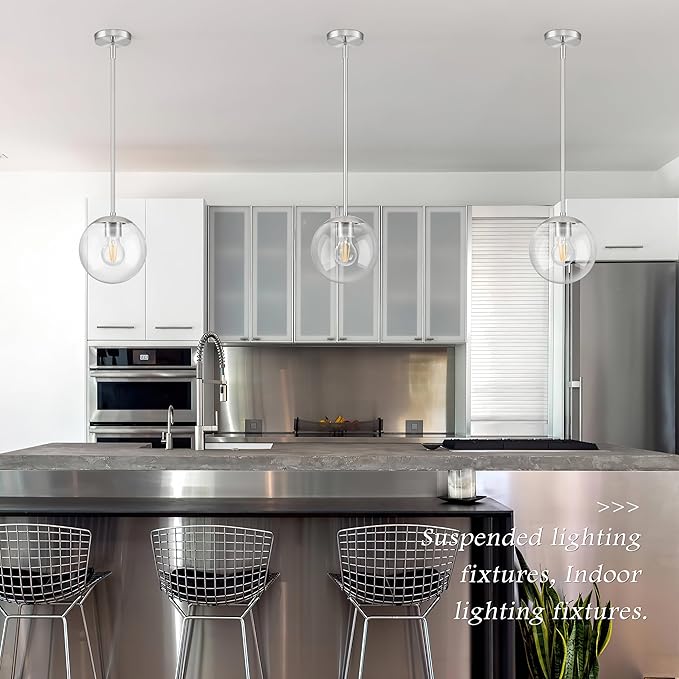 Bagood 8 Inch Globe Pendant Light Nickel Globe Pendant Lights Kitchen Island Mid Century Light Fixture with Hight Clear Glass Contemporary Adjustable Hanging Lights for Dining Room (Bulb Included)