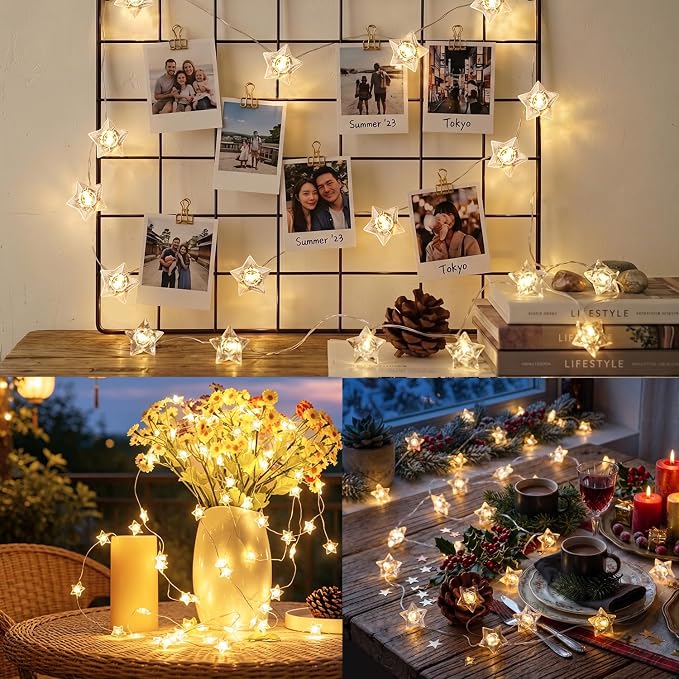 BOHON Star Fairy Lights Battery Operated 40 LED String Lights Warm White | 13 FT Warm White Star Garland Twinkle Lights for Bedroom Indoor Dorm Classroom Curtain Cute Room Wedding Decor, with Timer