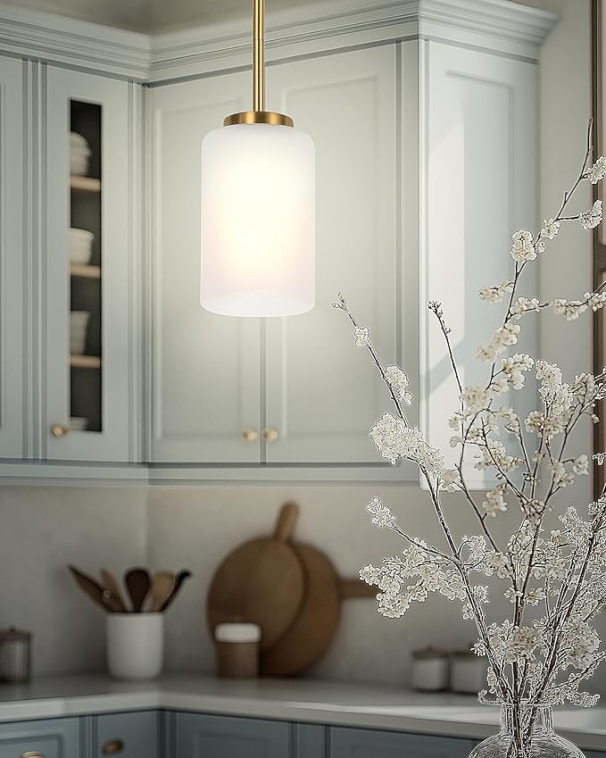 2 Pack Indoor Pendant Light Fixtures, Gold Finish Kitchen Island Hanging Lights Adjustable Ceiling Lamp, Mini Pendant Lights with White Frosted Glass Shade for House Bedroom Hallway