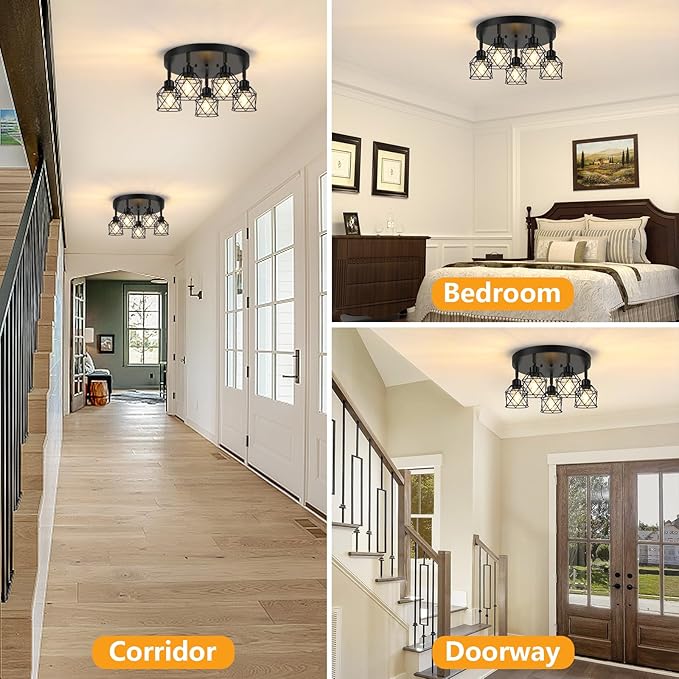 5-Light Adjustable Kitchen Light Fixtures, Multi-Directional Black Ceiling Light Fixtures, Semi Flush Mount Ceiling Light, Vintage Metal Cage Spotlight Fixture for Hallway Dining Room Entryway