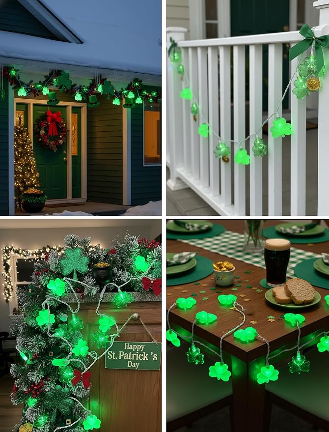 8.5Ft Shamrock String Lights Outdoor, St Patricks Day Decorations Lights with 10 LED Green Clover Lights, Plug in Shamrock Fairy Light for Window Patio Garden Party Irish St. Patricks Day, White Wire