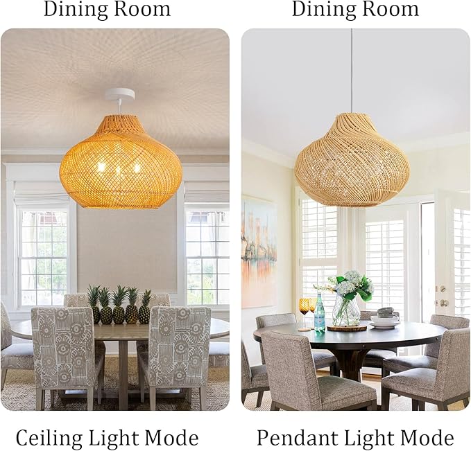 3-Light Rattan Pendant Light,18.9" Round Hanging Light,1-Pack Wicker Pendant Light Hand-Woven Rattan Chandelier for Workplace Dining Living Bedroom Kitchen Farmhouse
