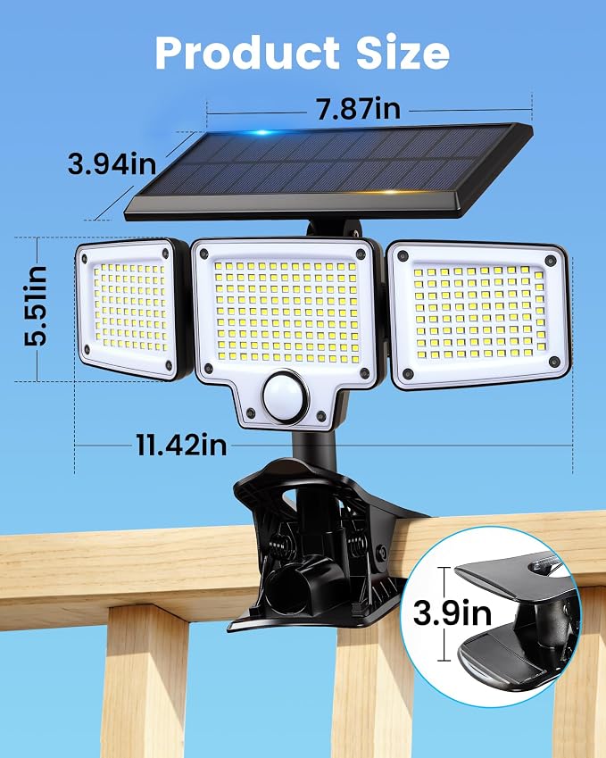 LUHLEE Clip On Solar Lights Outdoor, 275 LED 3000LM Solar Motion Lights with Remote Control, 3-Head Security Lights, IP65 Waterproof Solar Flood Lights for Deck, Garage & Outdoor Area Lighting (1)
