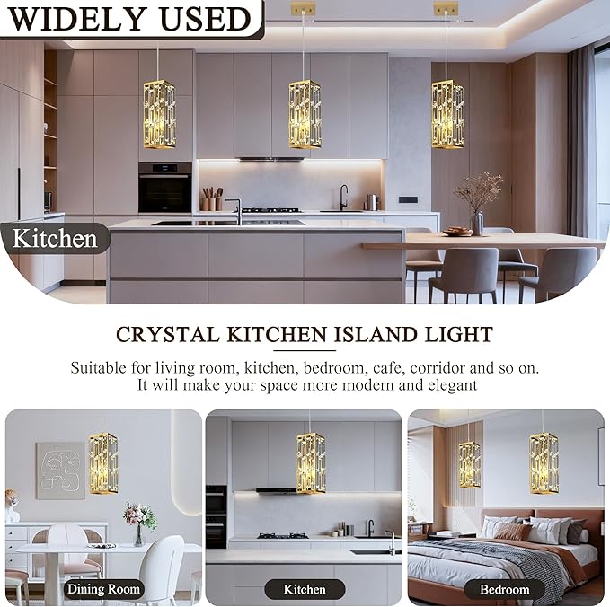 Pendant Lights Kitchen Island, Modern Golden Pendant Light Fixtures, Mini Crystal Chandelier, Adjustable Hanging Lights Fixture for Dinning Room Over Table Bedroom