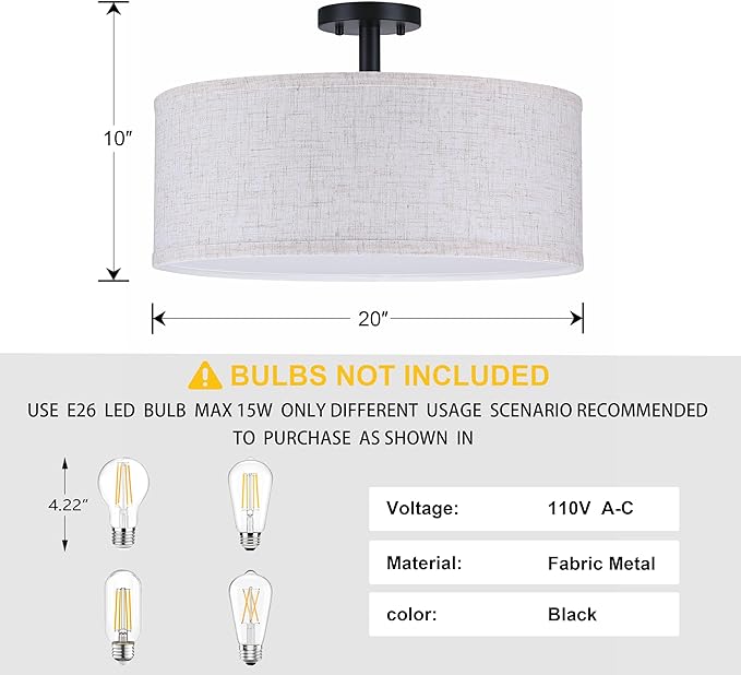 20 Inch Drum Black 4 Light Semi Flush Mount Close to Ceiling Light Fixture,Linen Fabric Shade for Bedroom,Living Room,Dining Room Hallway