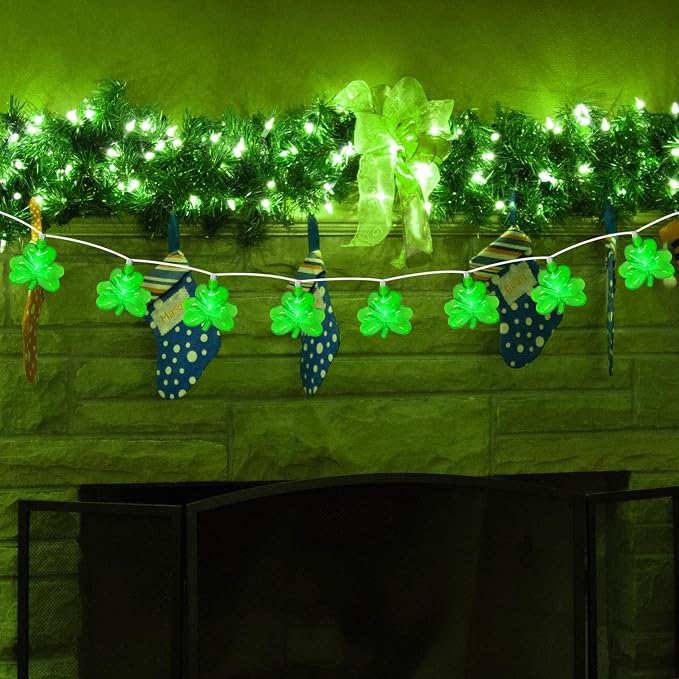 PASUTO 8.5FT Clear Green Shamrock Lights, St Patricks String Lights Outdoor Waterproof with 10 LED Light for rish Shamrock St Patrick's Day Party Indoor Home Garden Decorations