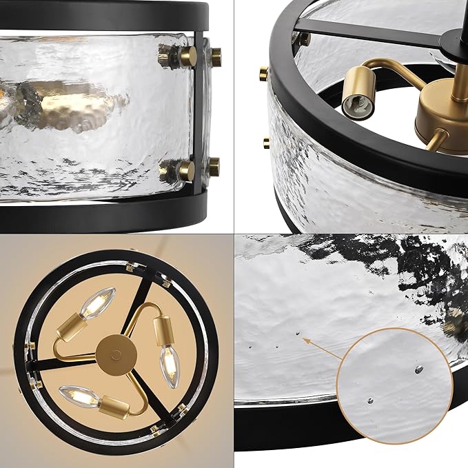 CNRATYE 13" Industrial Drum Glass Chandelier, 3-Light Rustic Hanging Pendant Lights, Metal Round Lighting Fixture for Dining Room Foyer Entryway Hallway Bedroom, Clear Waterglass Drum Shade