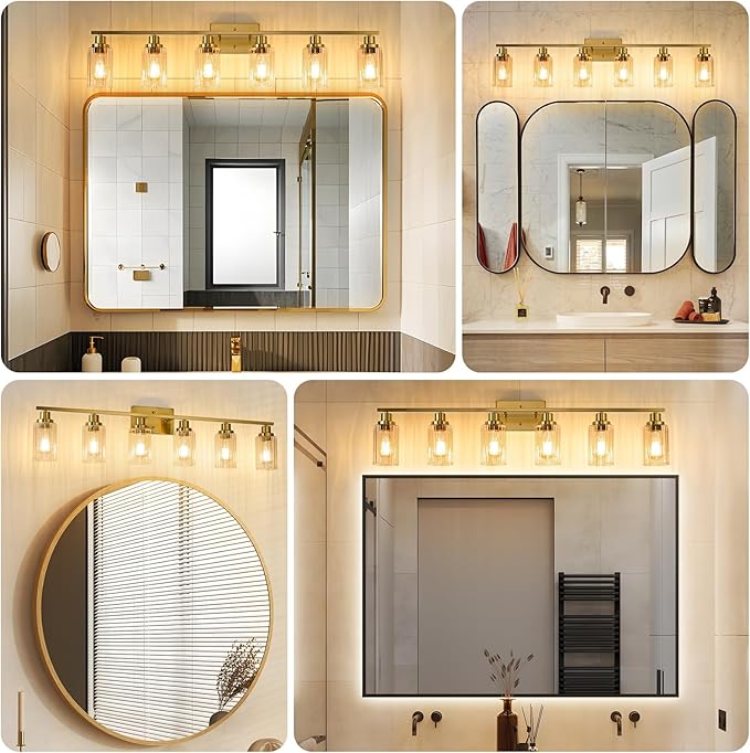 Jonsi Brushed Gold Bathroom Light Fixtures, 6-Light Brushed Gold Vanity Light, Bathroom Vanity Light with Stripe Glass Shade, E26 Wall Sconces Over Mirror for Bathroom, Living Room, Hallway