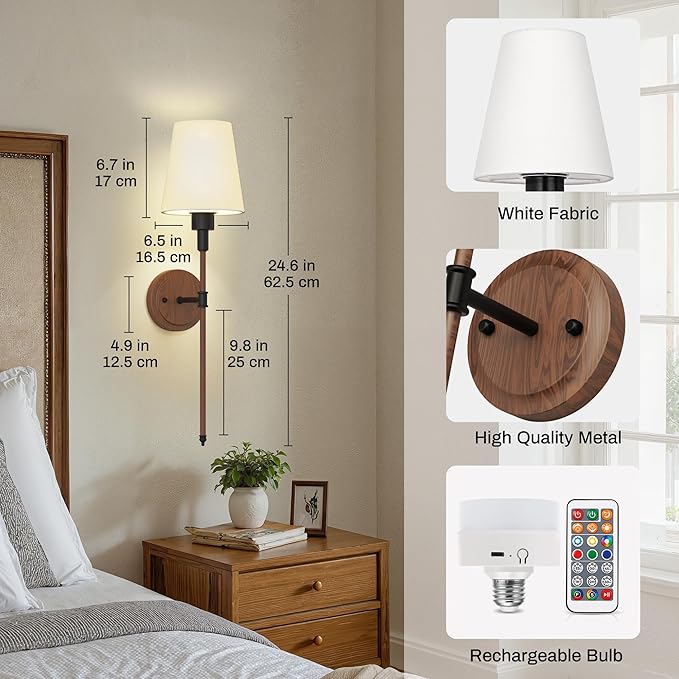 DORESshop Battery Operated Wall Sconce Set of 2, Wireless Wall Light Easy to Install, 7 Color Rechargeable Wall Sconces, Sconce Wall Decor Set of 2 for Bedroom, Living Room, Black and Wood, 24.6in