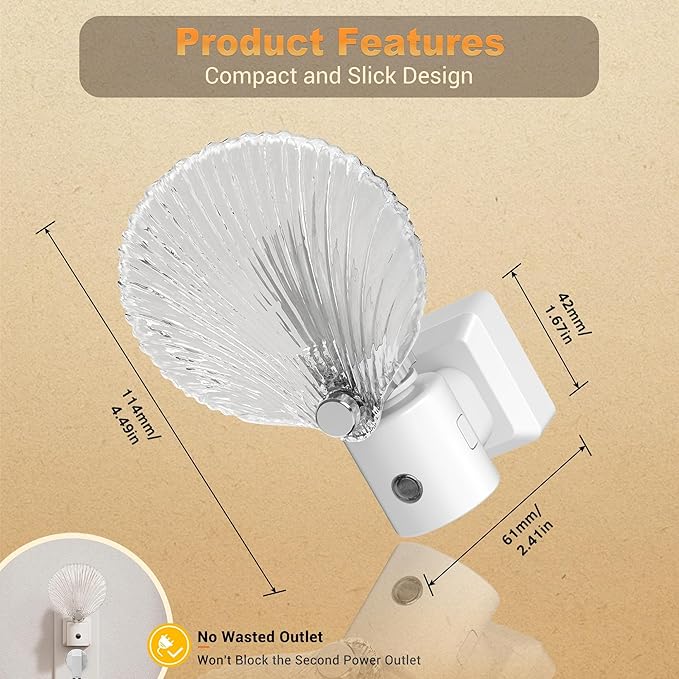 JandCase Night Light, Night Lights Plug into Wall, Dusk to Dawn Sensor Seashell Nightlights, 3000K Soft White Brightness Adjustable Nightlight for Kids Bedroom Hallway Kitchen